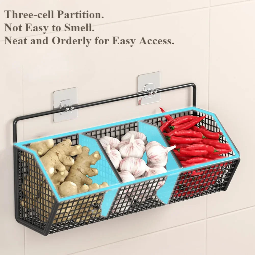 Wall-Mounted Kitchen Storage Basket Perforation-Free Iron Partition Storage Rack for Kitchen Ingredients Sorting Storage Basket