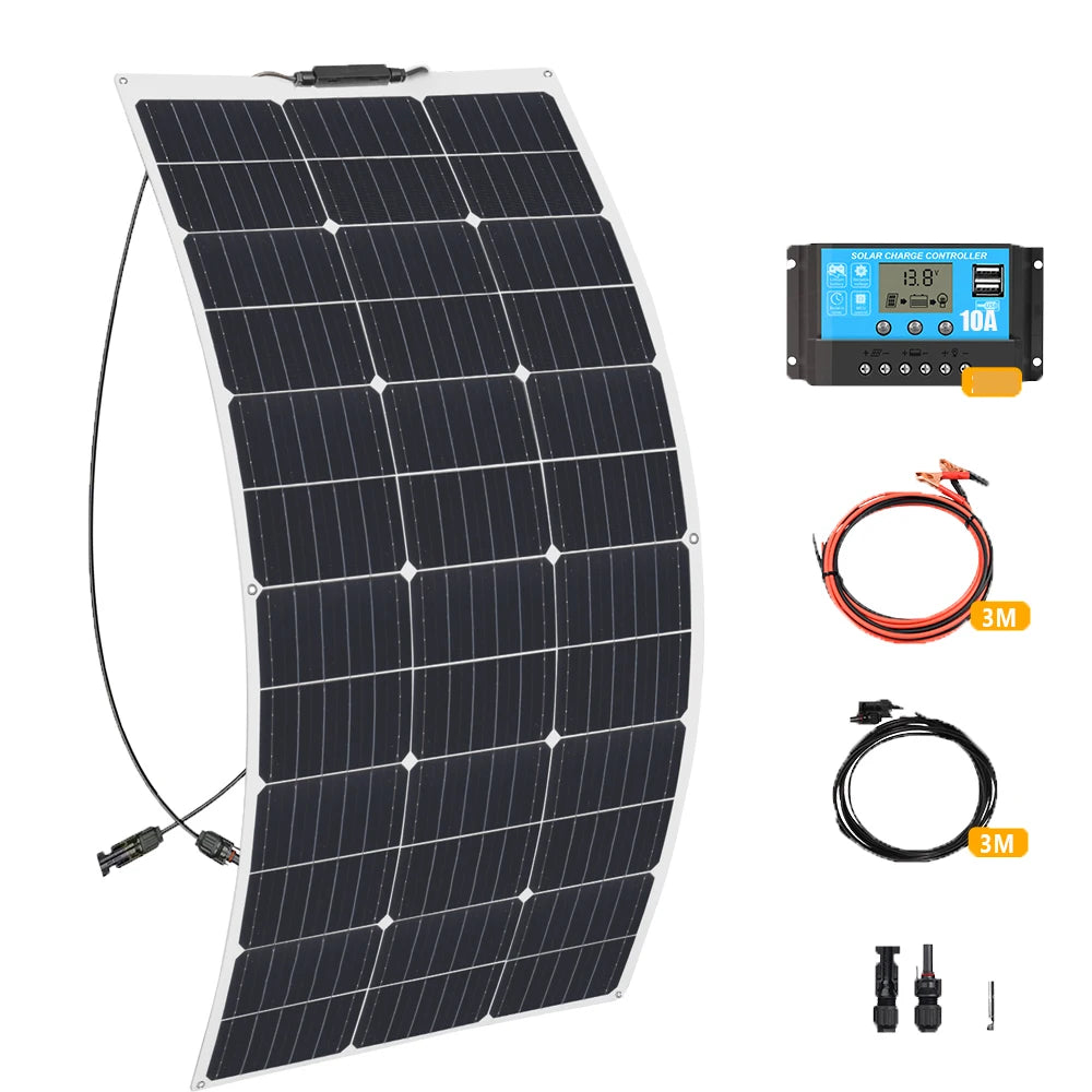 200W 100W Mono Flexible Solar Panel 20A/10A Solar Controller Module for Car RV Boat Home Roof Vans Camping 12V 24V Solar Battery