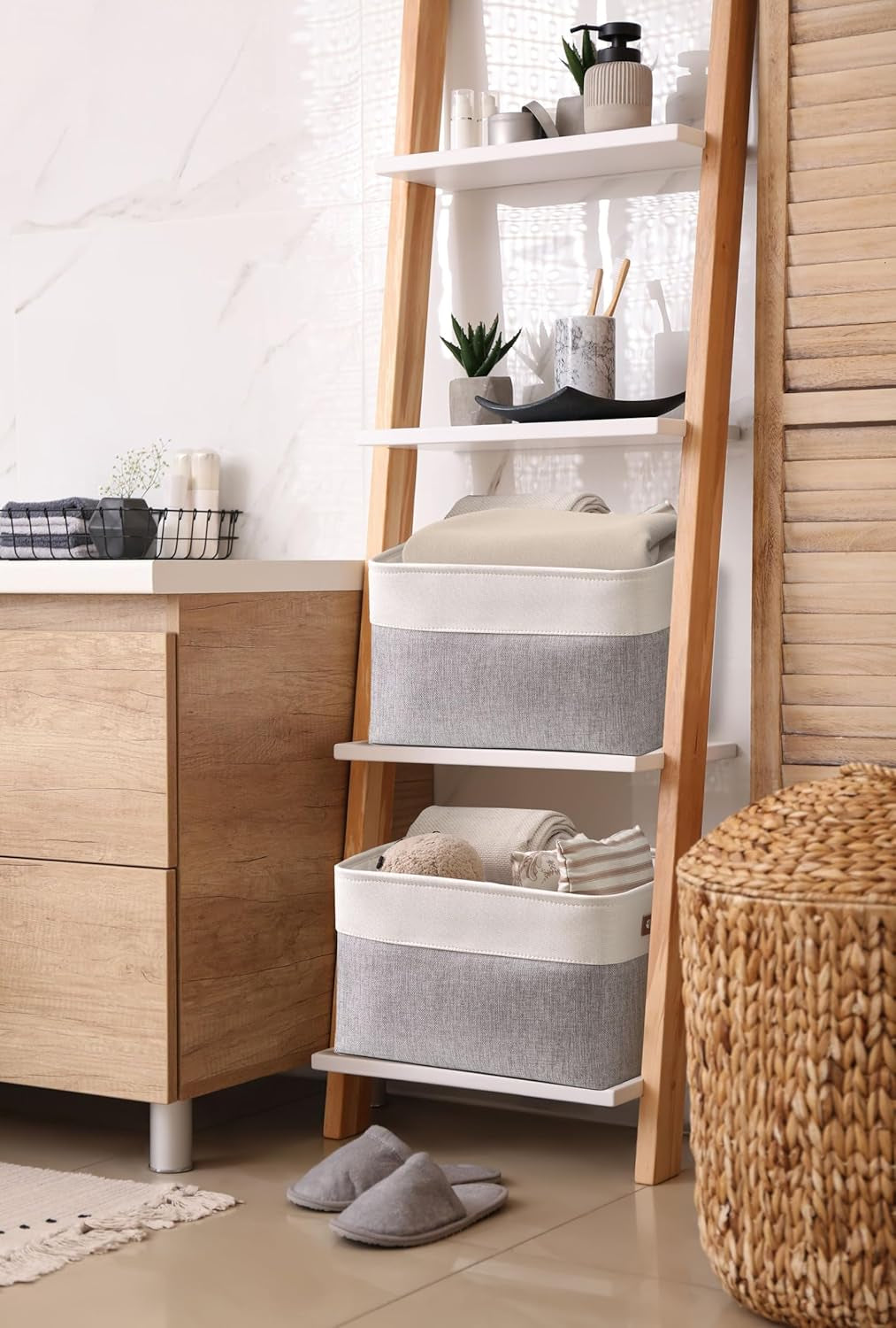 Storage Baskets for Shelves - Fabric Closet Organizers and Storage Bins, Perfect Baskets for Organizing Closet Toys Nursery (Grey and White, Large - 4 Pack)