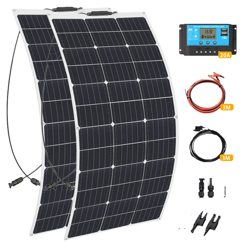 200W 100W Mono Flexible Solar Panel 20A/10A Solar Controller Module for Car RV Boat Home Roof Vans Camping 12V 24V Solar Battery