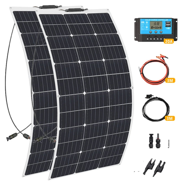 200W 100W Mono Flexible Solar Panel 20A/10A Solar Controller Module for Car RV Boat Home Roof Vans Camping 12V 24V Solar Battery