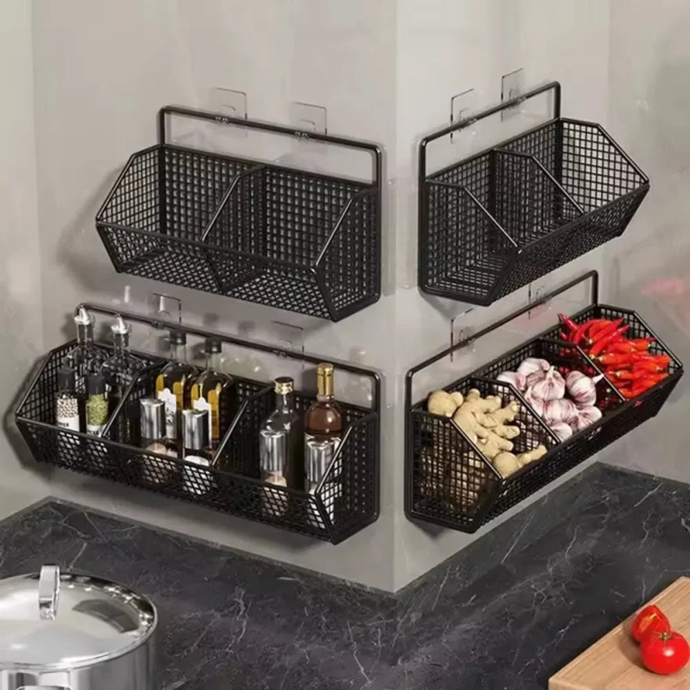 Wall-Mounted Kitchen Storage Basket Perforation-Free Iron Partition Storage Rack for Kitchen Ingredients Sorting Storage Basket