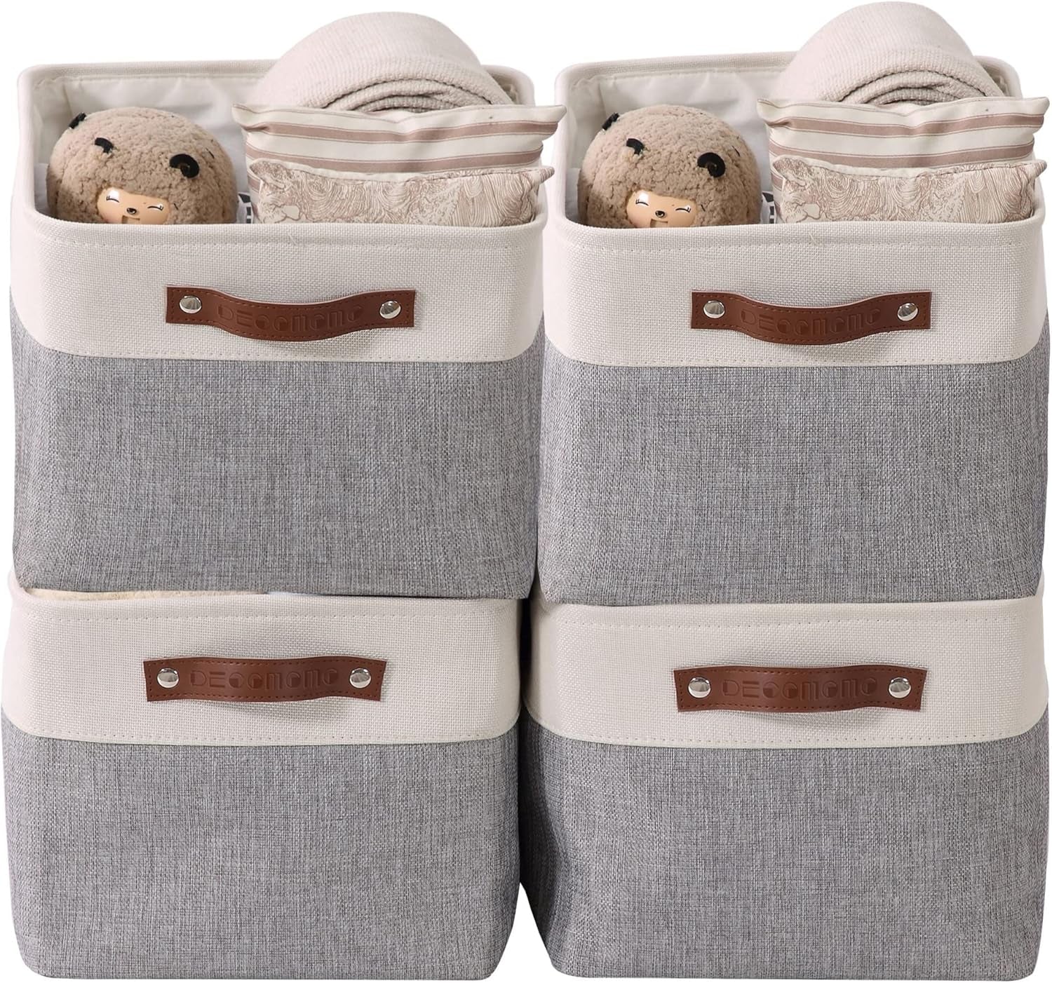 Storage Baskets for Shelves - Fabric Closet Organizers and Storage Bins, Perfect Baskets for Organizing Closet Toys Nursery (Grey and White, Large - 4 Pack)