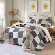 Quilt 100% Cotton King Size Quilt Set, Brown Khaki Black White Patchwork Plaid Bedspread, Lightweight Reversible Soft Summer Quilt Bedding Set, 3-Pieces