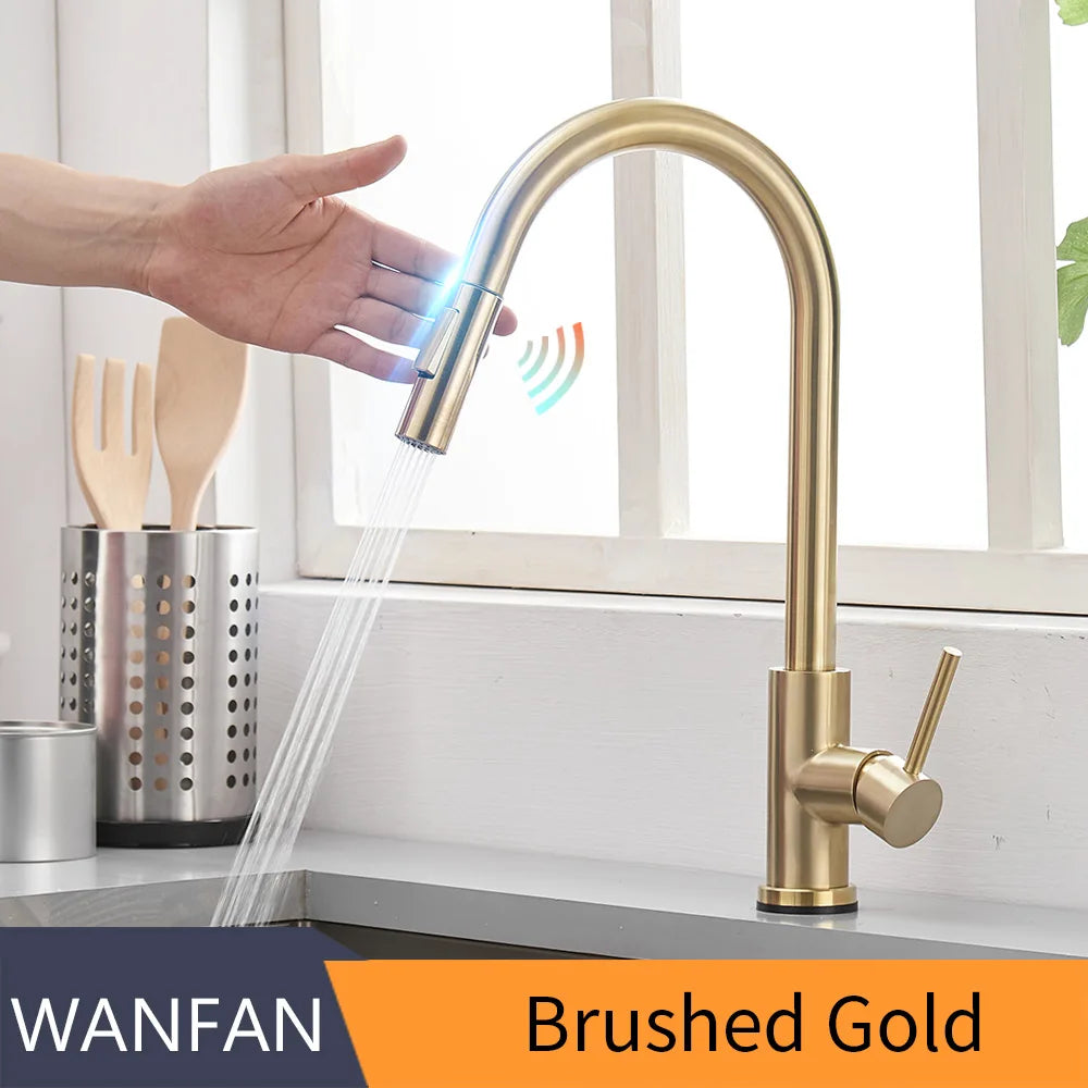 Pull Out Brush Nickel Sensor Kitchen Faucets Stainless Steel Smart Induction Mixed Tap Touch Control Sink Tap Torneira De KH1026