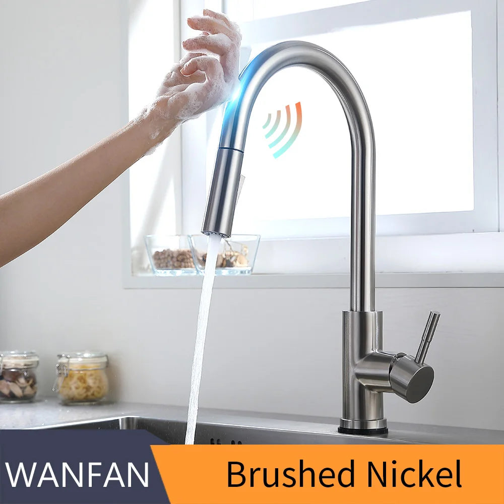 Pull Out Brush Nickel Sensor Kitchen Faucets Stainless Steel Smart Induction Mixed Tap Touch Control Sink Tap Torneira De KH1026