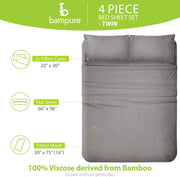 100% Viscose Derived from Bamboo Sheets Twin - 4PC Set - Super Soft Cooling Sheets - up to 16’’ Deep Pocket - Luxury Series - 1 Flat Sheet,1 Fitted Sheet,2 Pillowcases (Twin Stone Grey)
