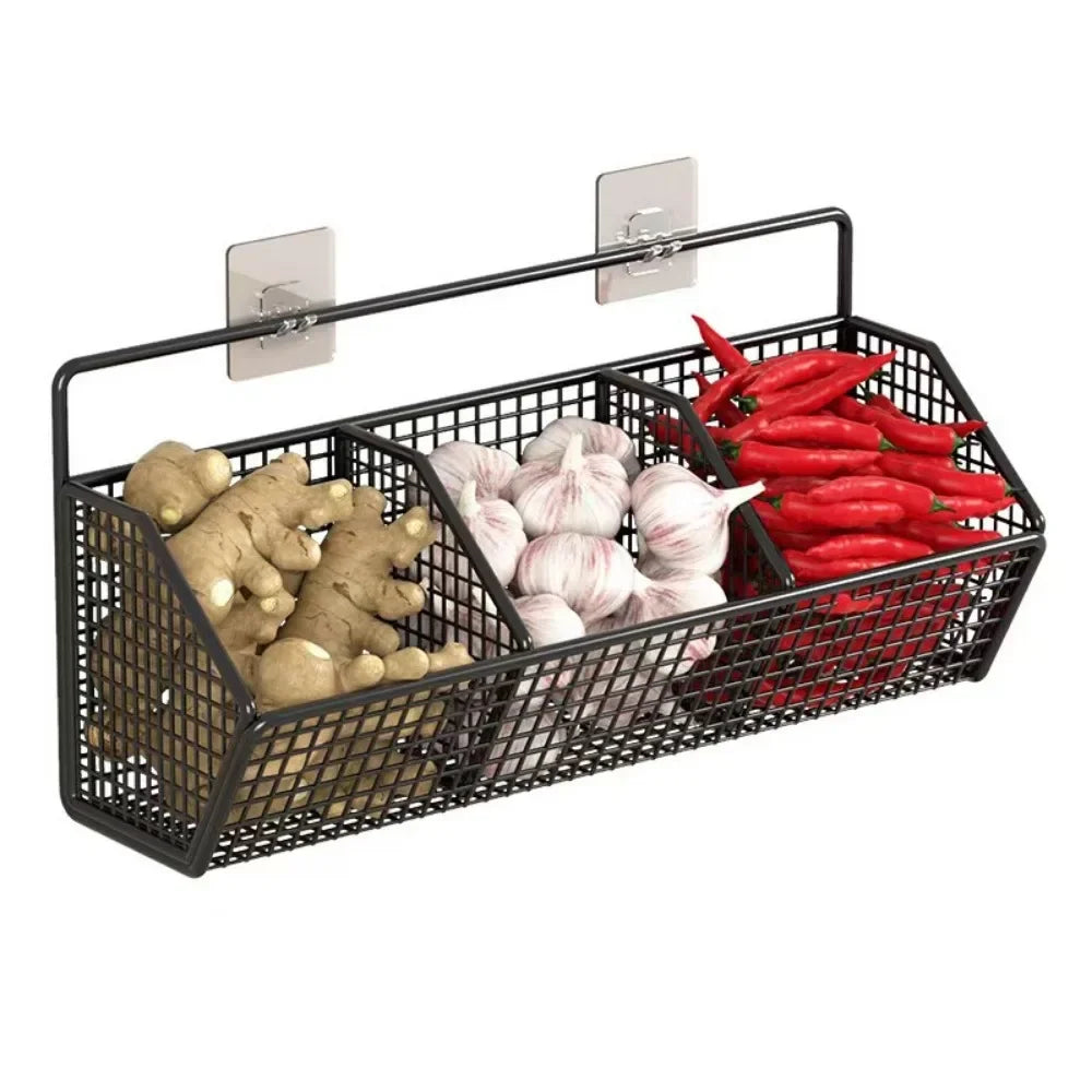 Wall-Mounted Kitchen Storage Basket Perforation-Free Iron Partition Storage Rack for Kitchen Ingredients Sorting Storage Basket