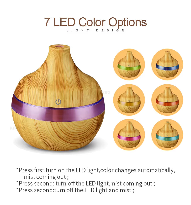 300ML USB Air Humidifier Electric Aroma Diffuser Mist Wood Grain Oil Diffuser for Car Office Home Have 7 LED Light Humidifiers