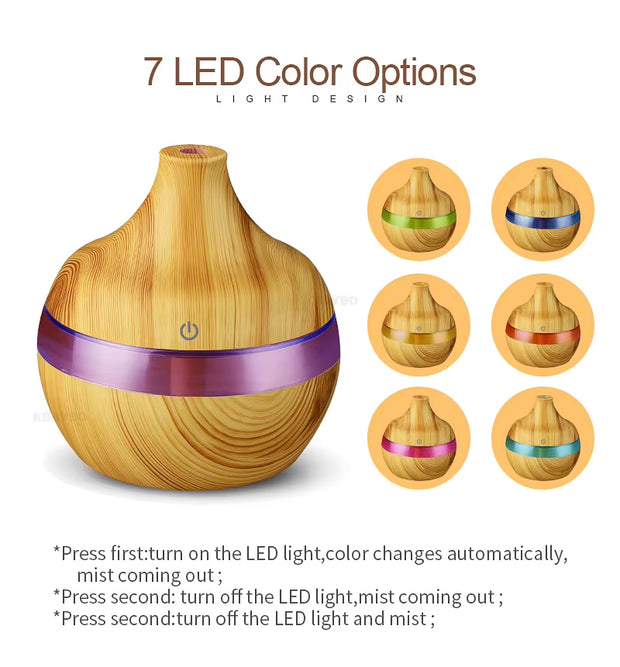 300ML USB Air Humidifier Electric Aroma Diffuser Mist Wood Grain Oil Diffuser for Car Office Home Have 7 LED Light Humidifiers