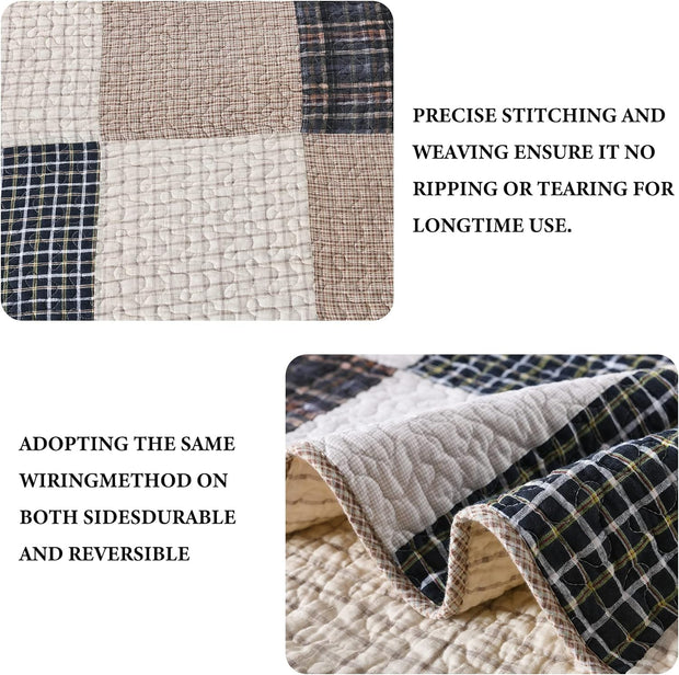 Quilt 100% Cotton King Size Quilt Set, Brown Khaki Black White Patchwork Plaid Bedspread, Lightweight Reversible Soft Summer Quilt Bedding Set, 3-Pieces