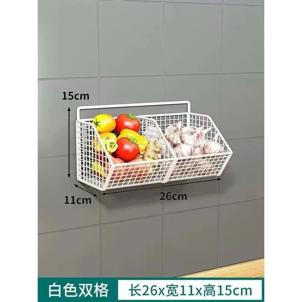 Wall-Mounted Kitchen Storage Basket Perforation-Free Iron Partition Storage Rack for Kitchen Ingredients Sorting Storage Basket
