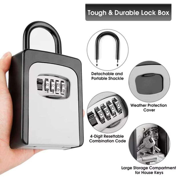 4-Digit Key Lock Box Portable Combination Lockbox Wall-Mounted Key Storage Box Resettable Code Safe Security Lock Box for Home