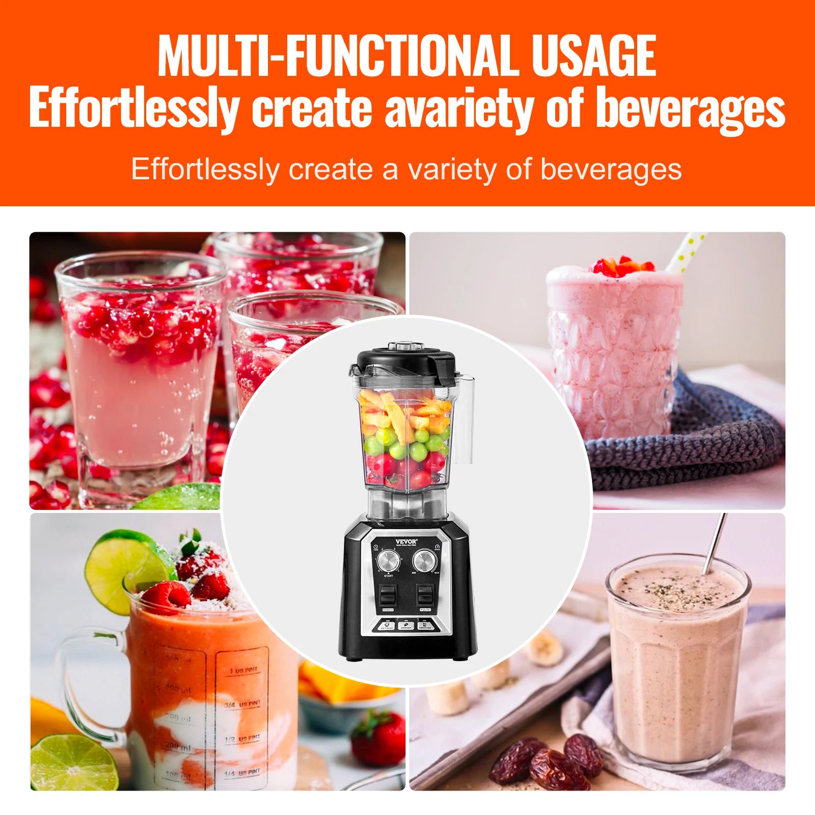 Succebuy 2L Smoothie Blender Professional Countertop Fruit Food Processor Mixer Maker with Stainless Steel for Home Kitchen Bar
