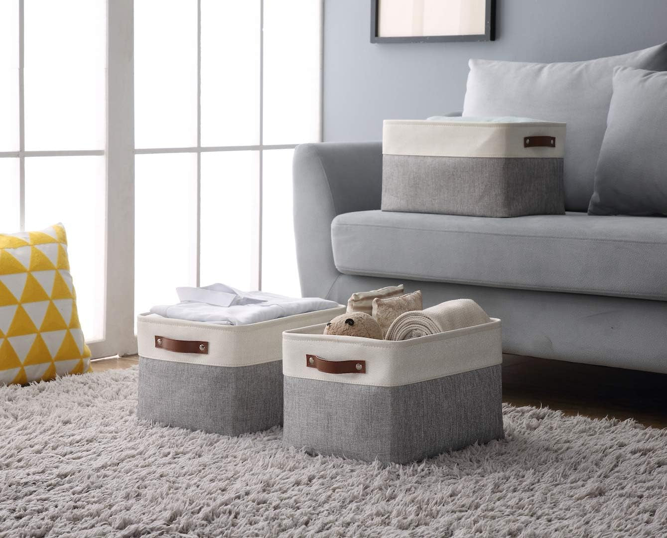 Storage Baskets for Shelves - Fabric Closet Organizers and Storage Bins, Perfect Baskets for Organizing Closet Toys Nursery (Grey and White, Large - 4 Pack)