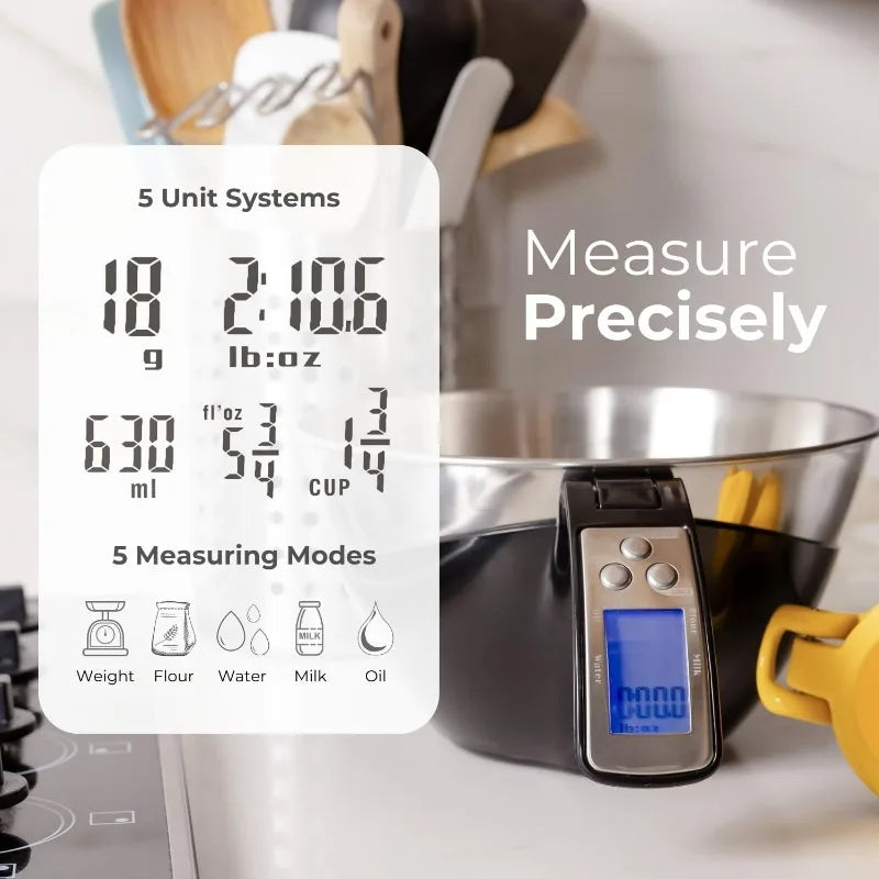 Digital Kitchen Food Scale with Bowl - 11Lb, Grams & Ounces - Removable, Dishwasher-Safe Mixing Bowl - Black