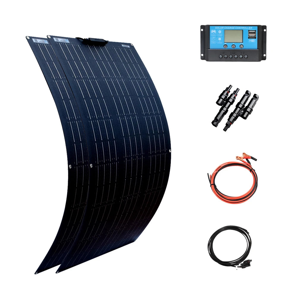 200W 100W Mono Flexible Solar Panel 20A/10A Solar Controller Module for Car RV Boat Home Roof Vans Camping 12V 24V Solar Battery