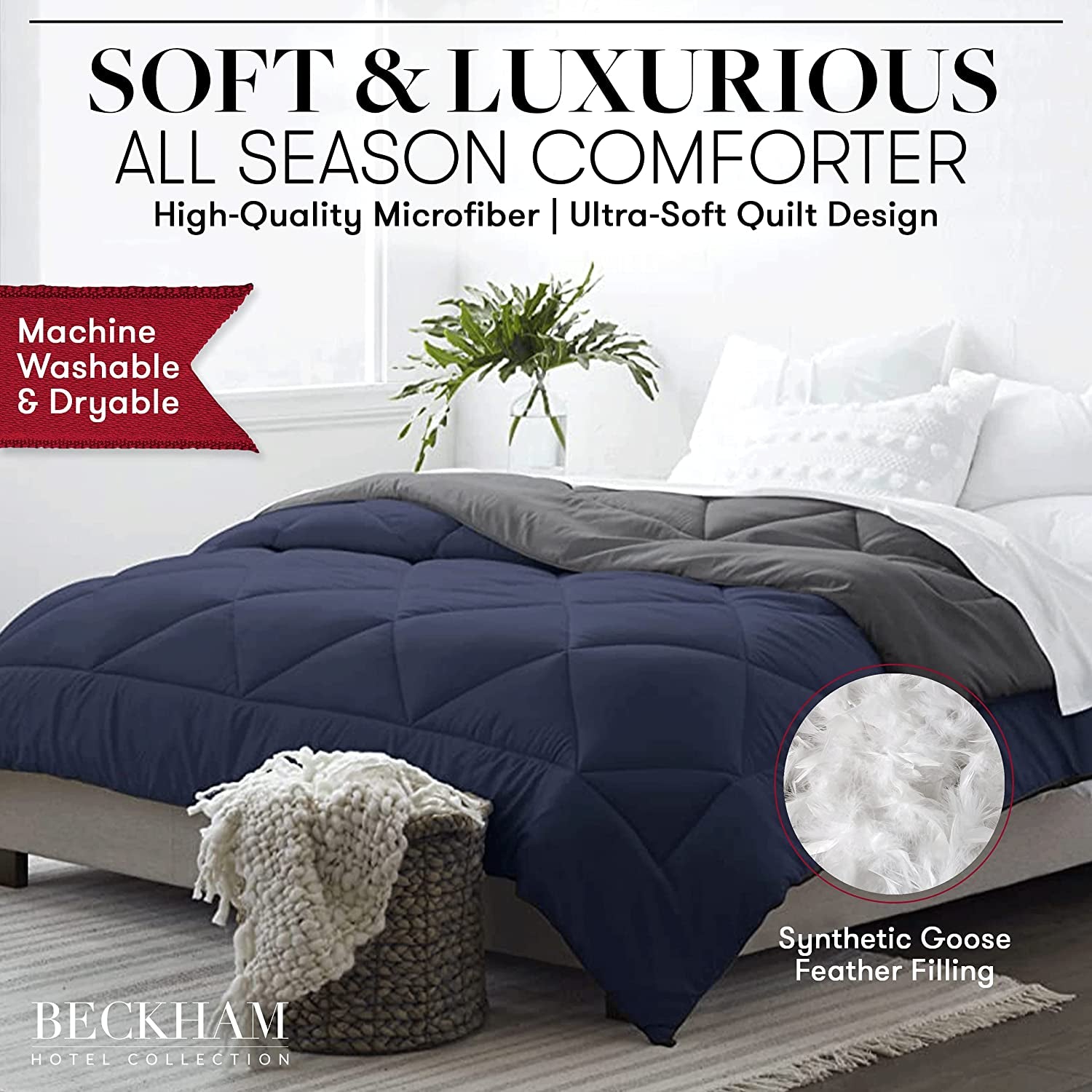 Goose down Alternative Reversible Comforter - All Season - Premium Quality Luxury Hypoallergenic Comforter - Full/Queen - Grey/Black