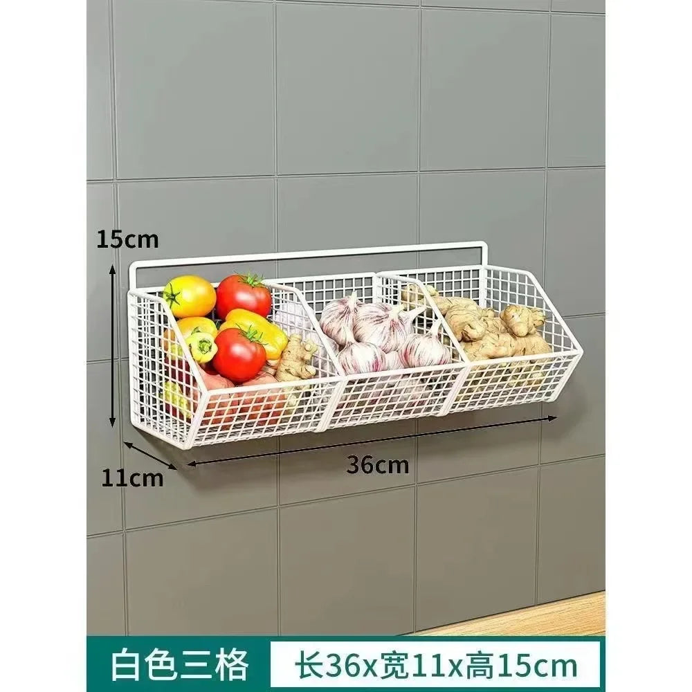 Wall-Mounted Kitchen Storage Basket Perforation-Free Iron Partition Storage Rack for Kitchen Ingredients Sorting Storage Basket