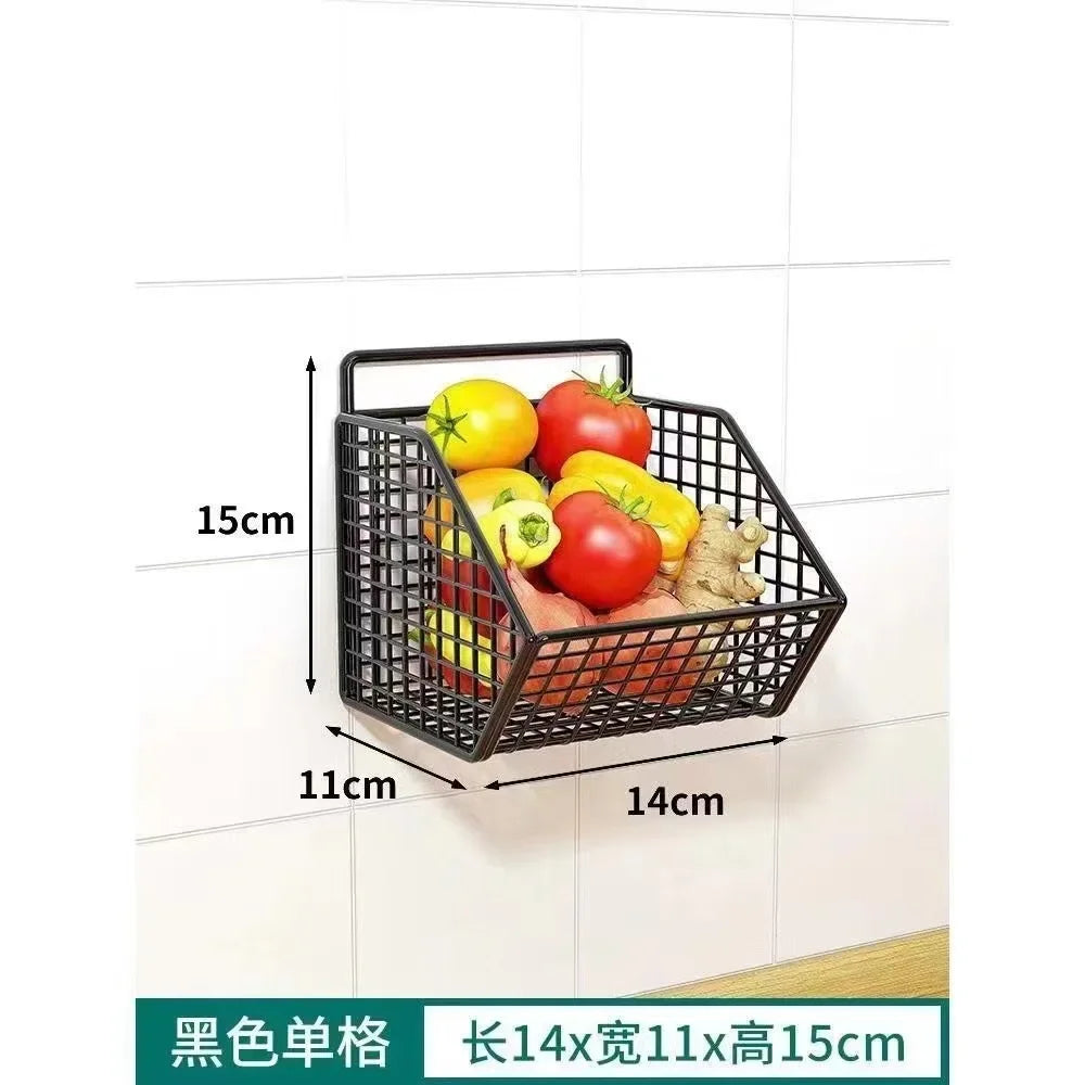 Wall-Mounted Kitchen Storage Basket Perforation-Free Iron Partition Storage Rack for Kitchen Ingredients Sorting Storage Basket