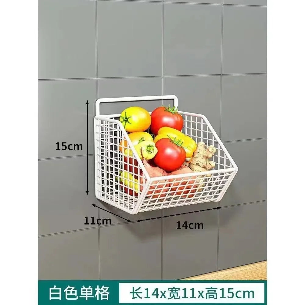 Wall-Mounted Kitchen Storage Basket Perforation-Free Iron Partition Storage Rack for Kitchen Ingredients Sorting Storage Basket