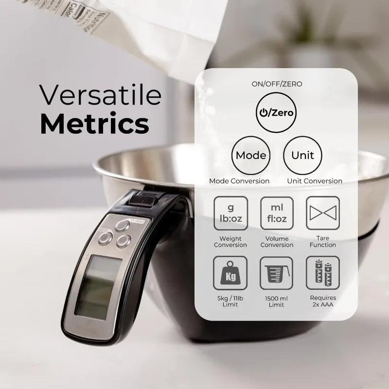 Digital Kitchen Food Scale with Bowl - 11Lb, Grams & Ounces - Removable, Dishwasher-Safe Mixing Bowl - Black