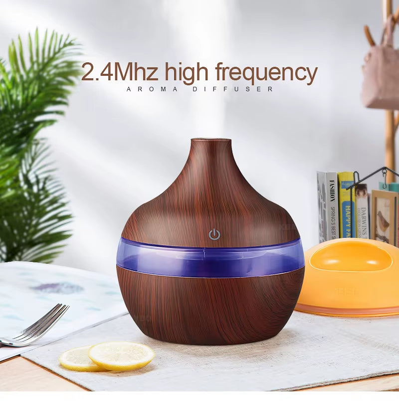 300ML USB Air Humidifier Electric Aroma Diffuser Mist Wood Grain Oil Diffuser for Car Office Home Have 7 LED Light Humidifiers