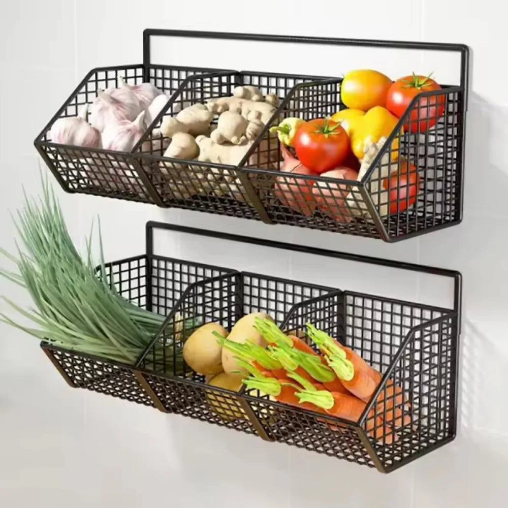 Wall-Mounted Kitchen Storage Basket Perforation-Free Iron Partition Storage Rack for Kitchen Ingredients Sorting Storage Basket