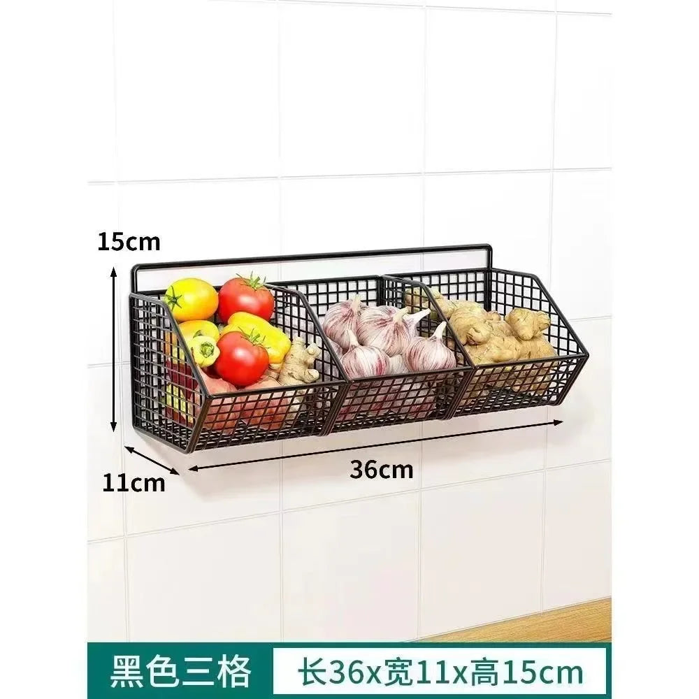 Wall-Mounted Kitchen Storage Basket Perforation-Free Iron Partition Storage Rack for Kitchen Ingredients Sorting Storage Basket